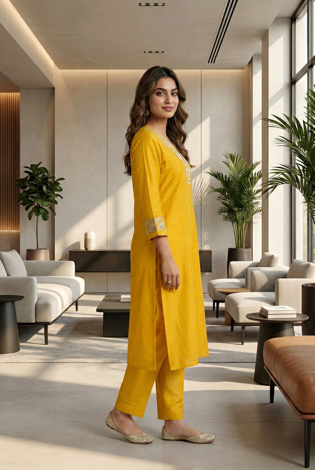 Neerus Yellow silk hand embroidered suit set - back view
