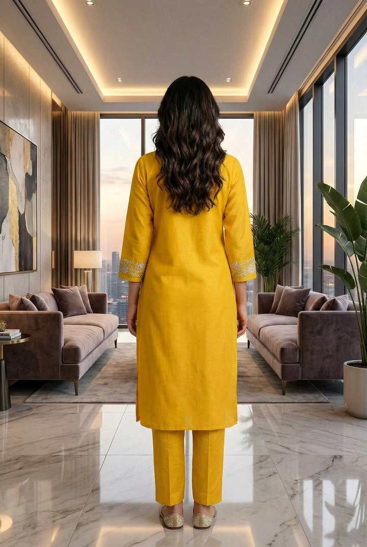 Neerus Yellow silk hand embroidered suit set - side view