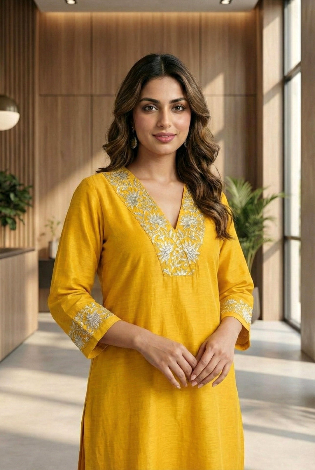 Neerus Yellow silk hand embroidered suit set - detail view 2