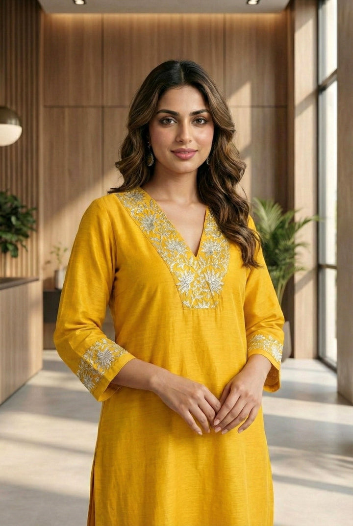 Neerus Yellow silk hand embroidered suit set - detail view 2
