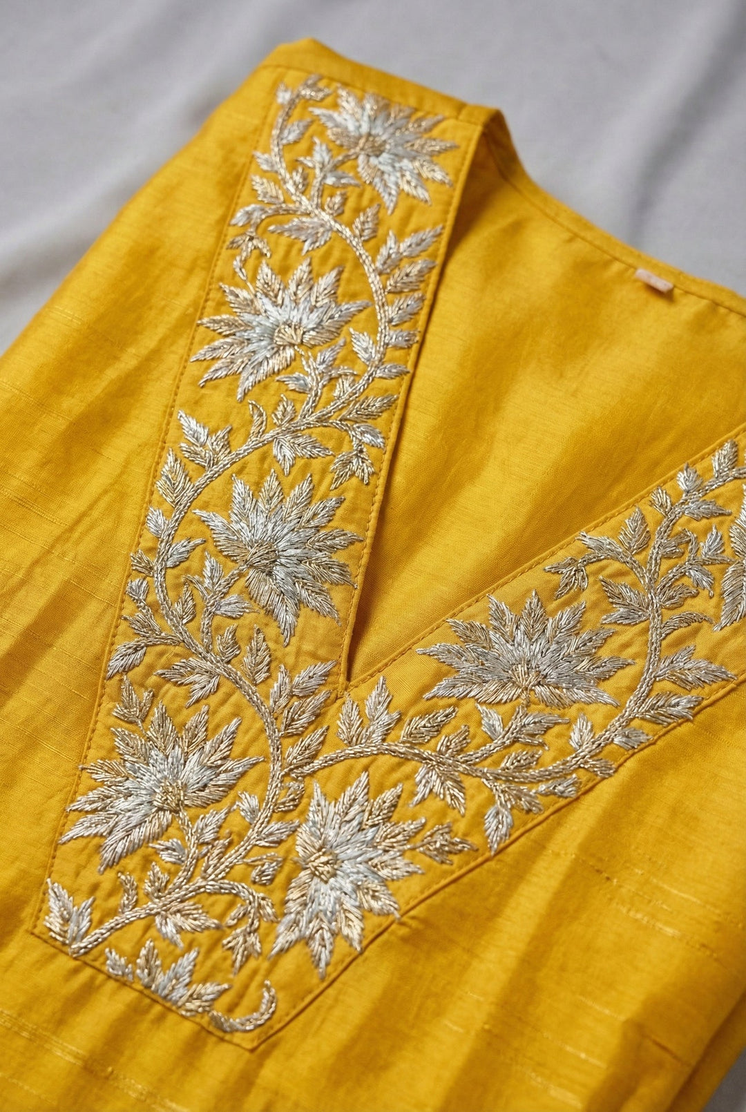 Neerus Yellow silk hand embroidered suit set - detail view 1