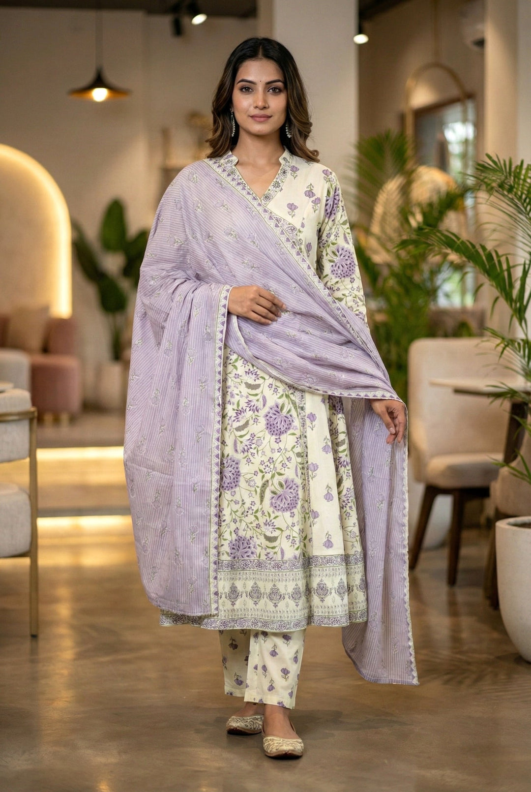 Neerus Purple cotton digital printed suit set - front view