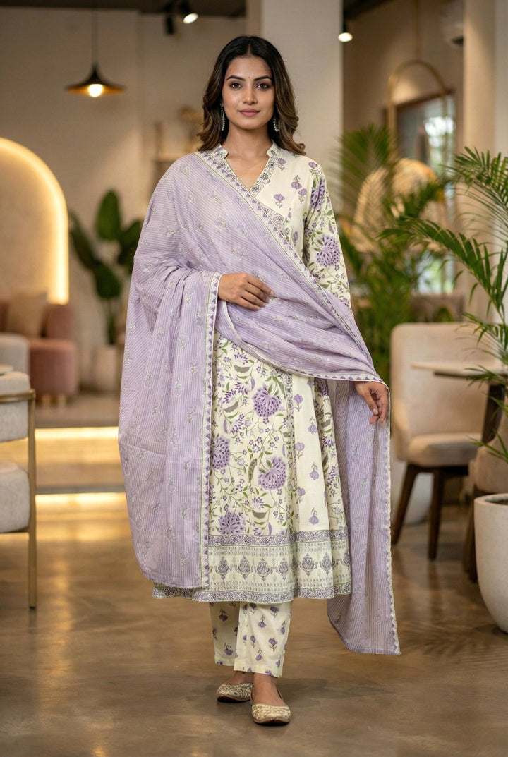 Neerus Purple cotton digital printed suit set - front view
