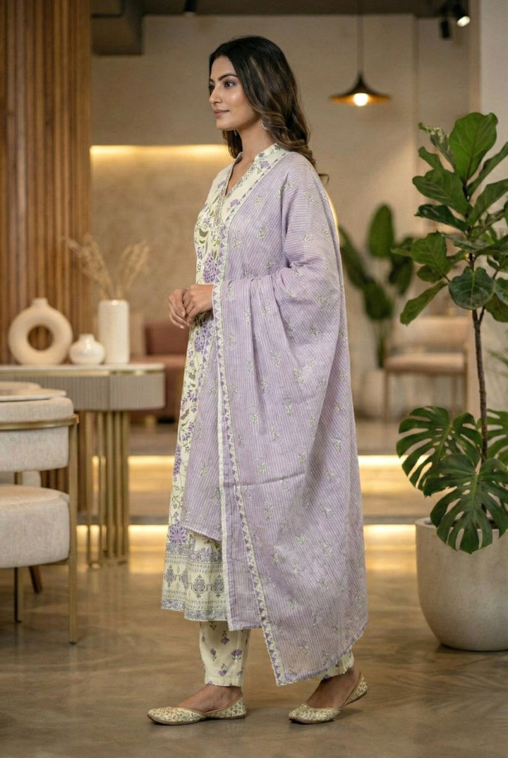 Neerus Purple cotton digital printed suit set - back view