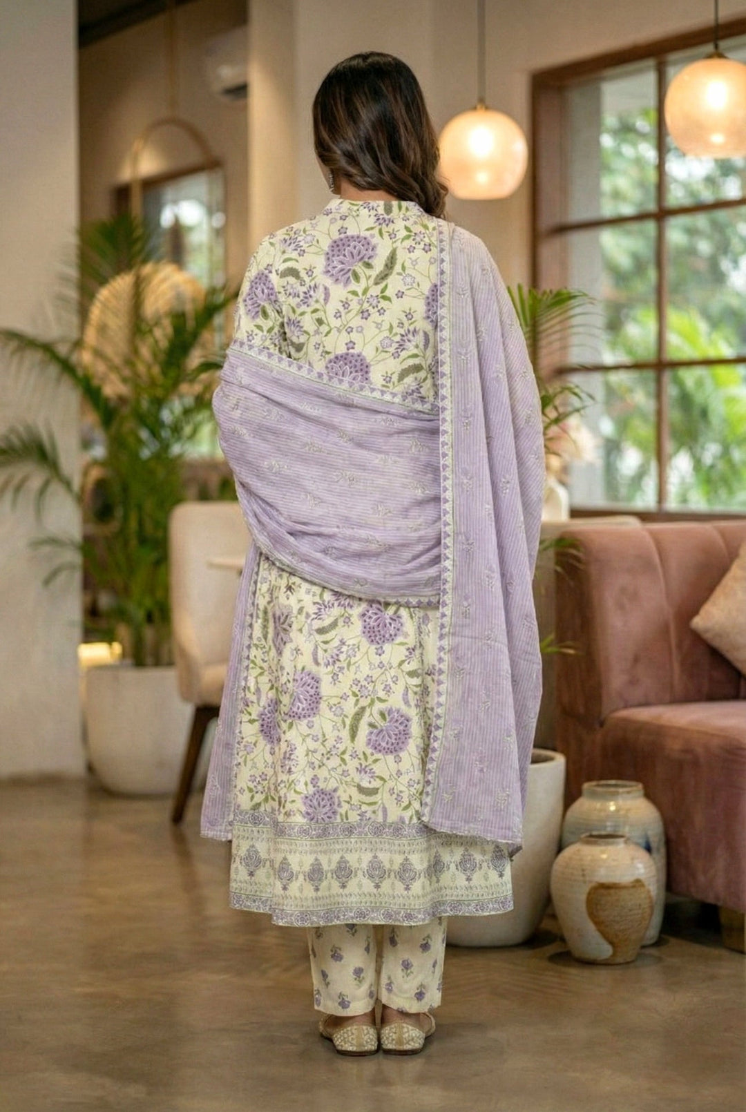 Neerus Purple cotton digital printed suit set - side view