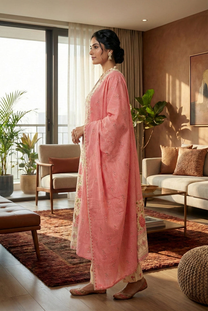 Neerus Pink cotton printed suit set - back view