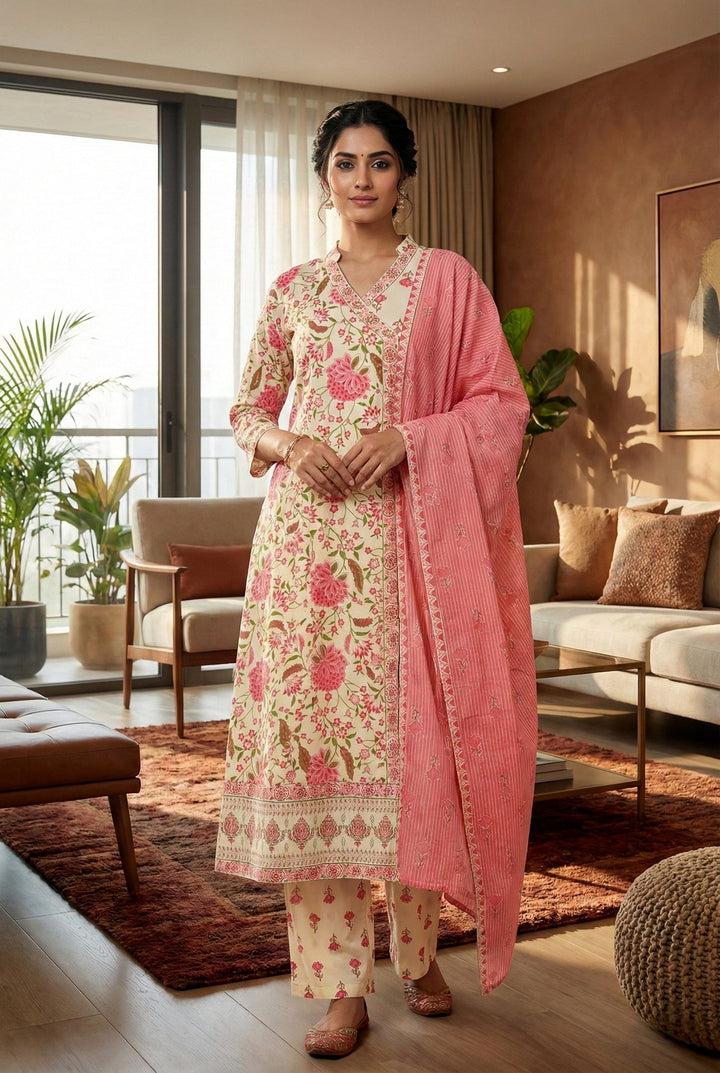 Neerus Pink cotton printed suit set - front view