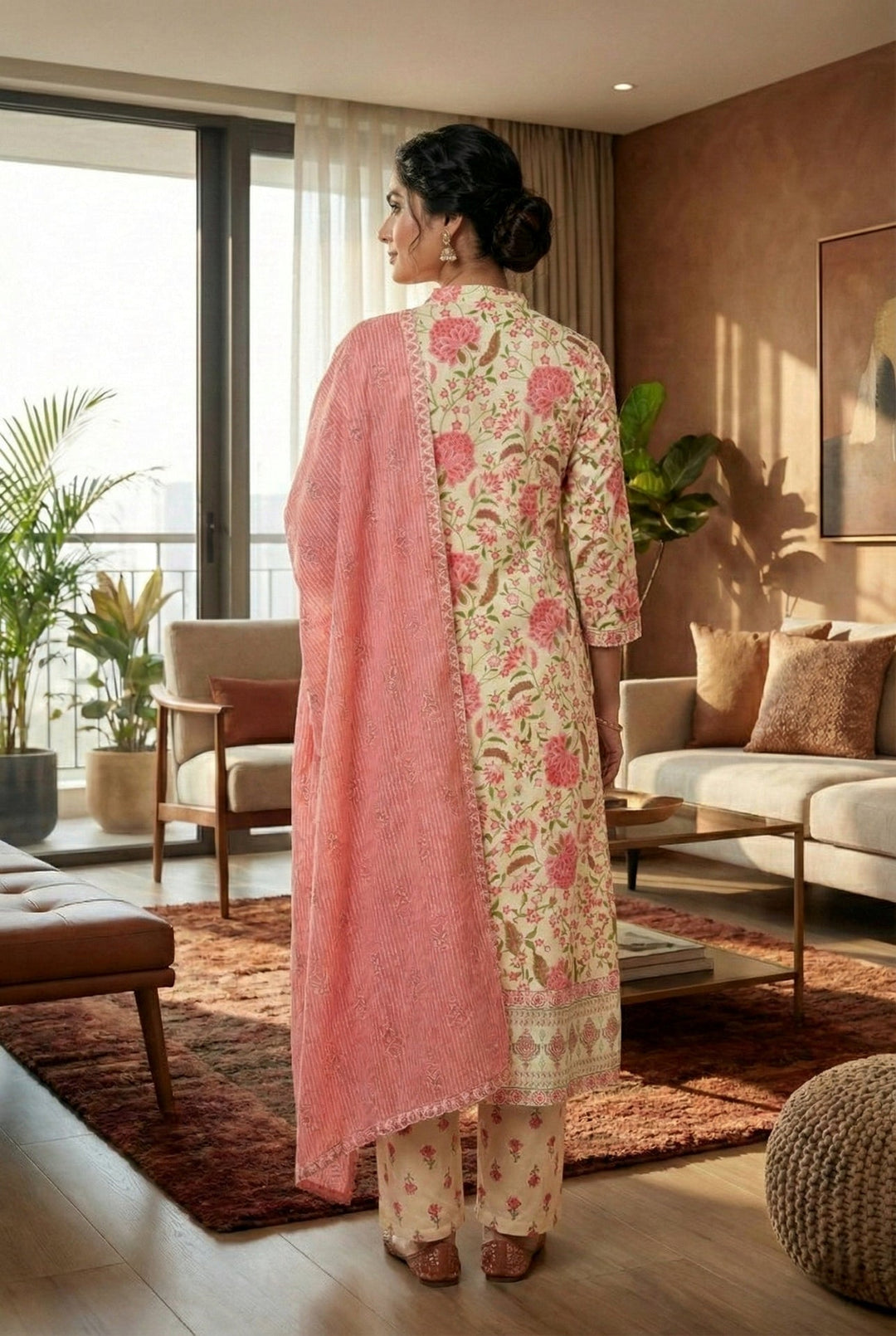 Neerus Pink cotton printed suit set - side view