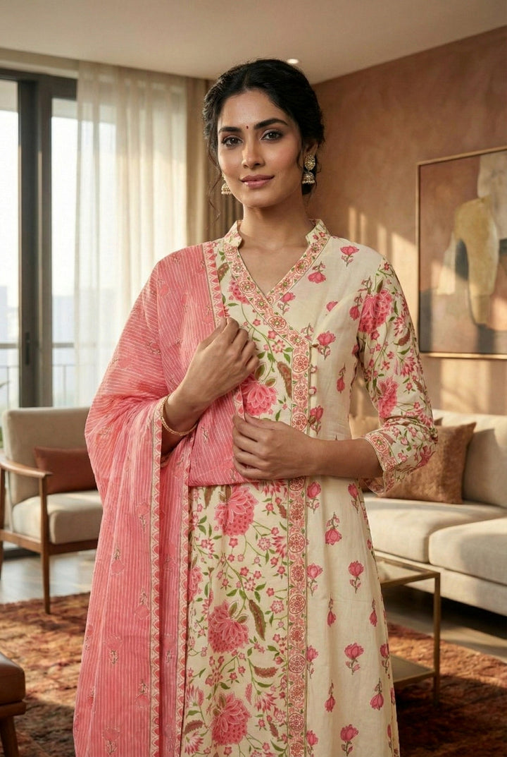 Neerus Pink cotton printed suit set - detail view 2