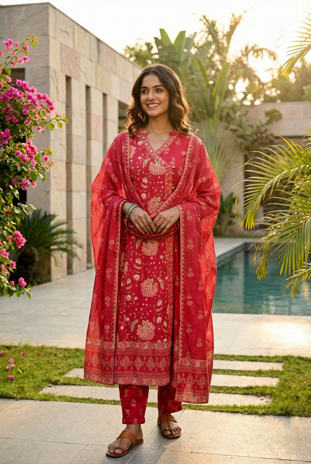 Neerus Pink cotton thread embroidered suit set - front view