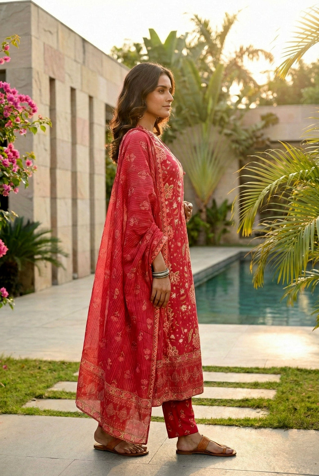 Neerus Pink cotton thread embroidered suit set - back view