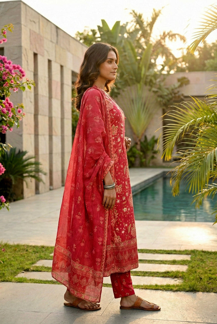 Neerus Pink cotton thread embroidered suit set - back view