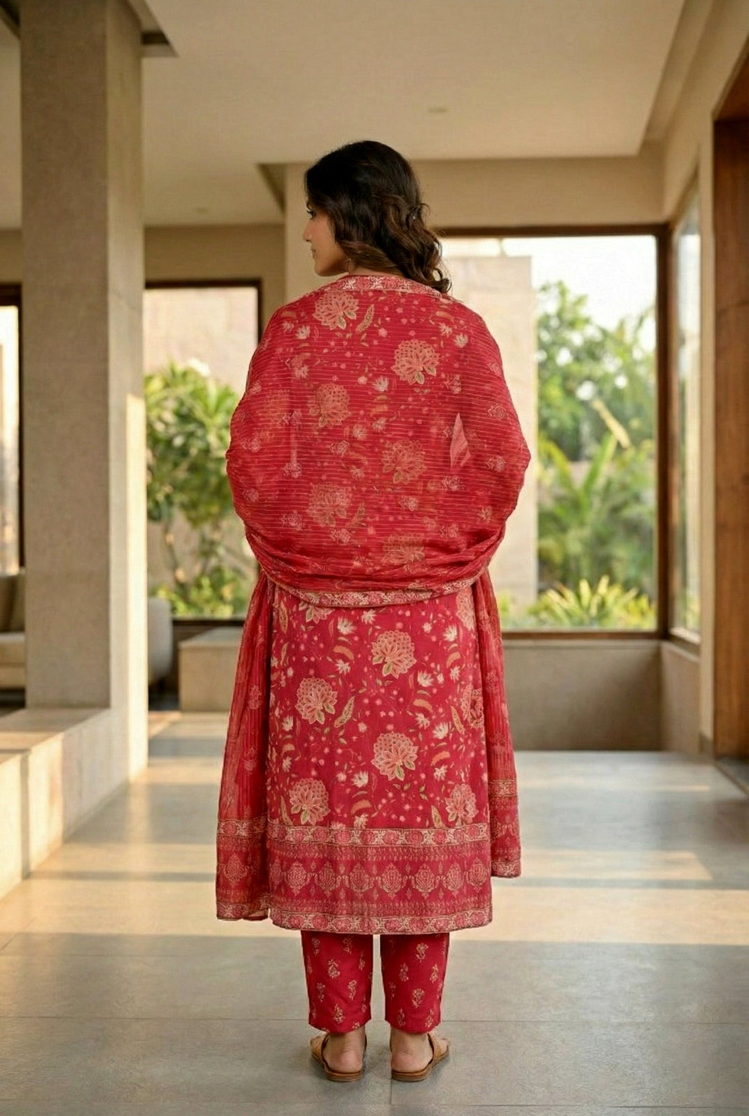 Neerus Pink cotton thread embroidered suit set - side view