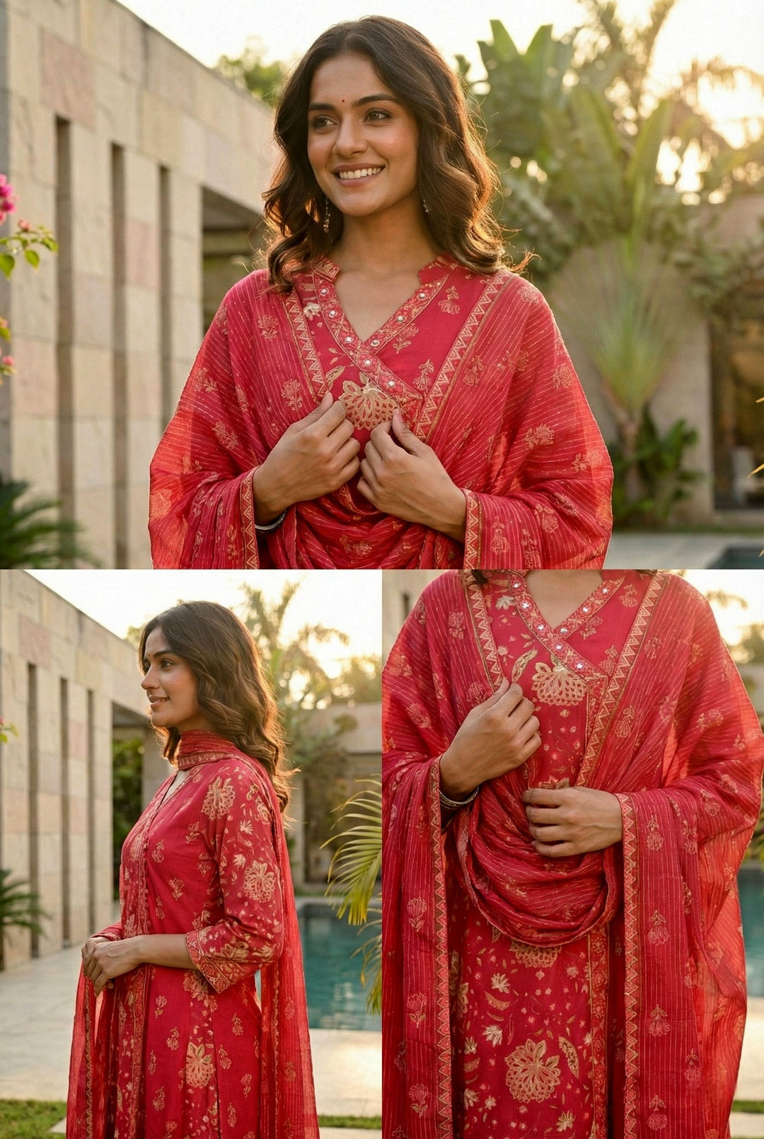 Neerus Pink cotton thread embroidered suit set - detail view 1