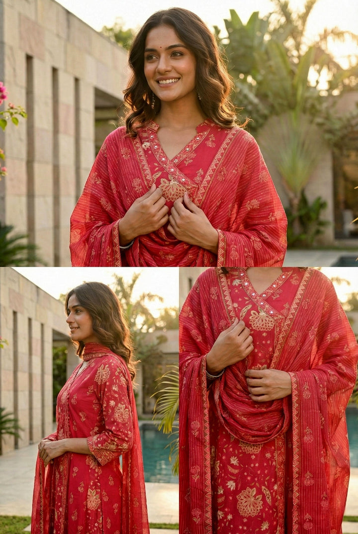 Neerus Pink cotton thread embroidered suit set - detail view 1