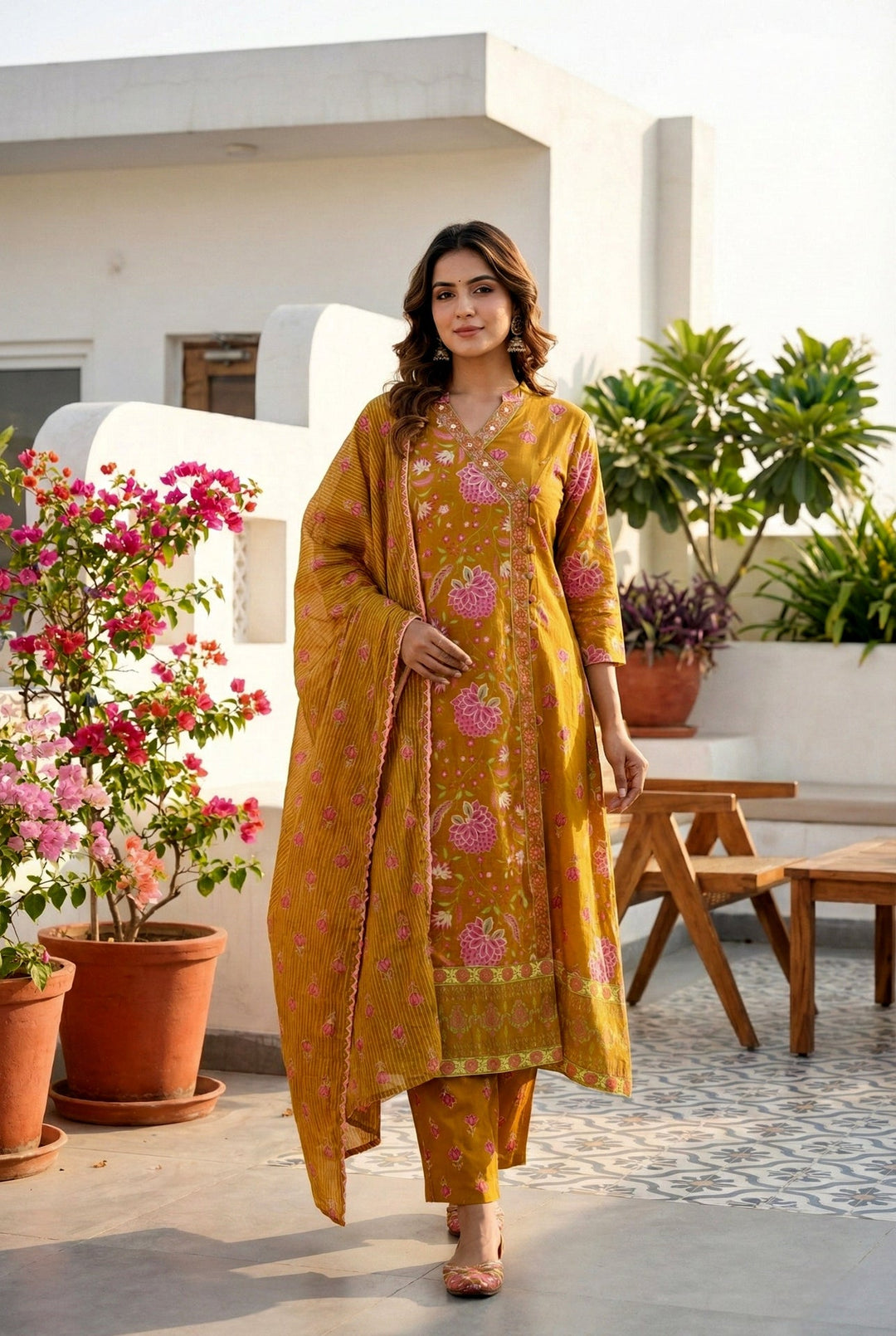 Neerus Gold cotton thread embroidered suit set - front view