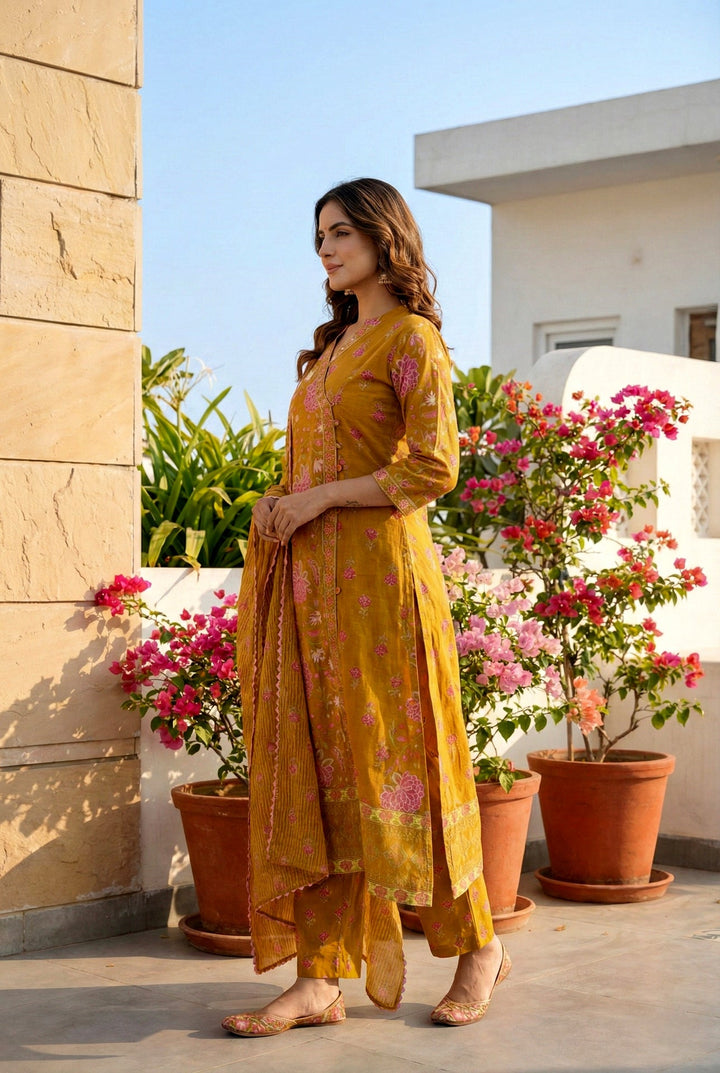 Neerus Gold cotton thread embroidered suit set - back view