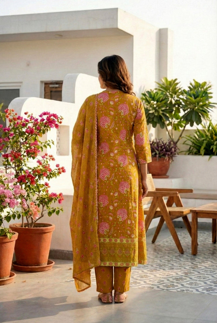 Neerus Gold cotton thread embroidered suit set - side view