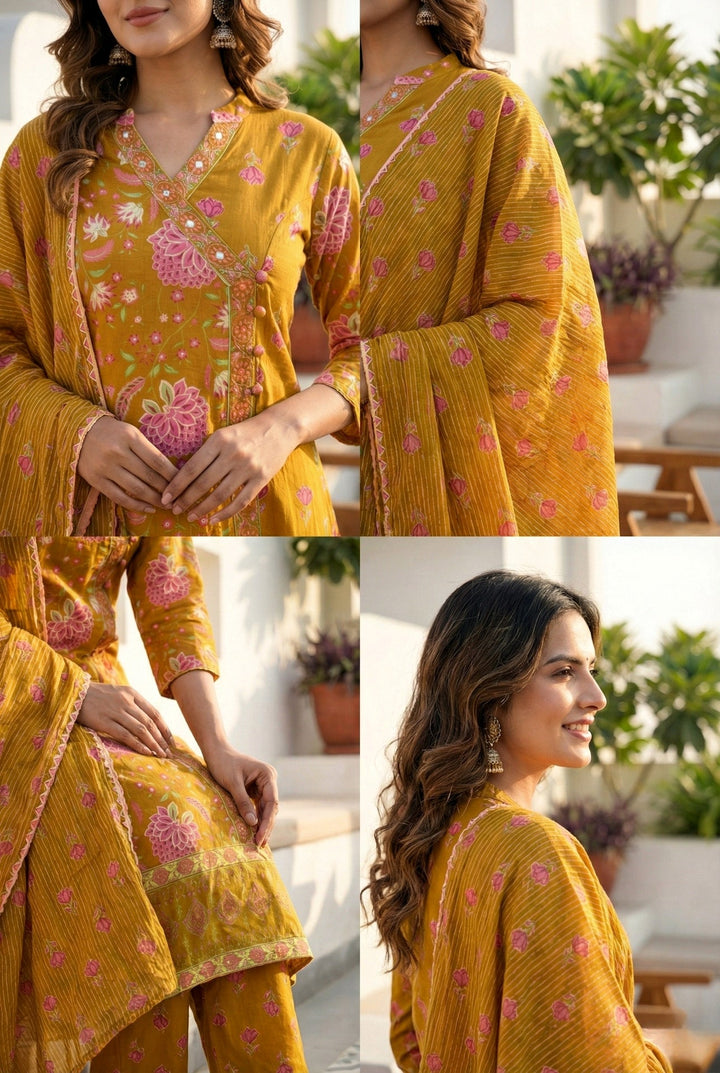 Neerus Gold cotton thread embroidered suit set - detail view 1