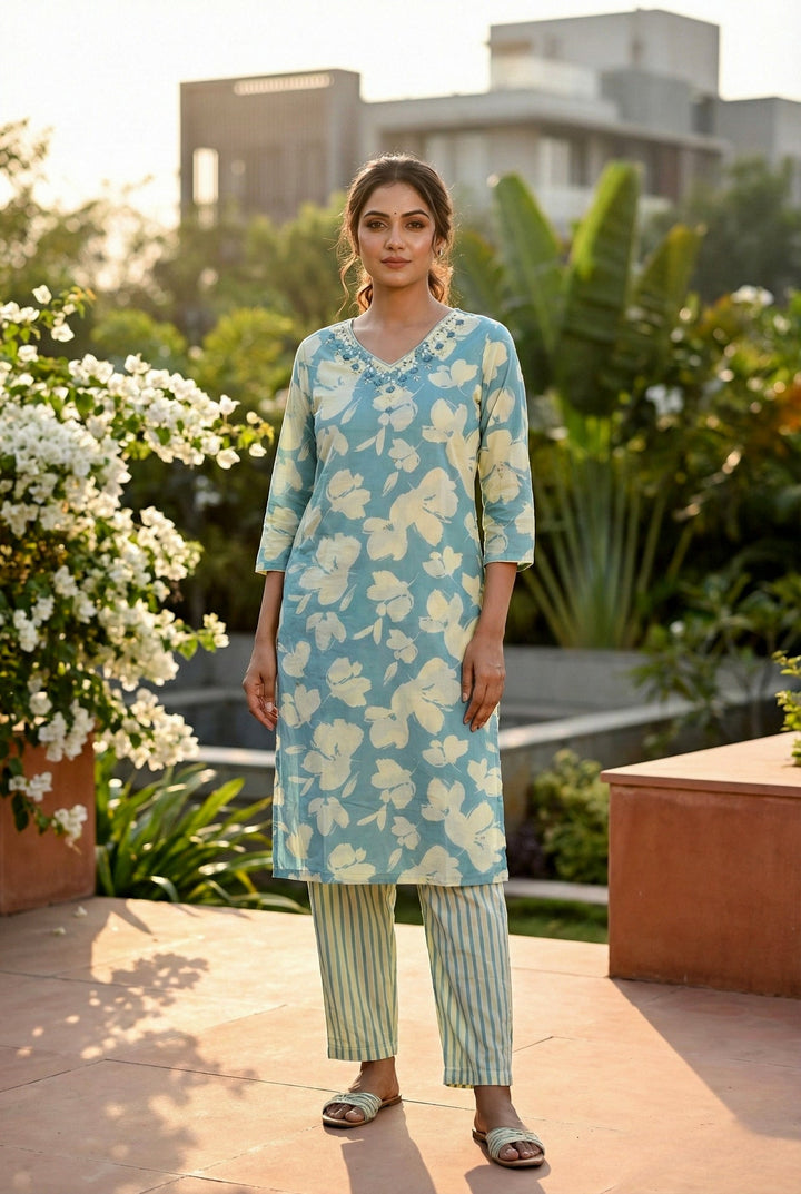 Neerus Blue cotton hand embroidered suit set - front view