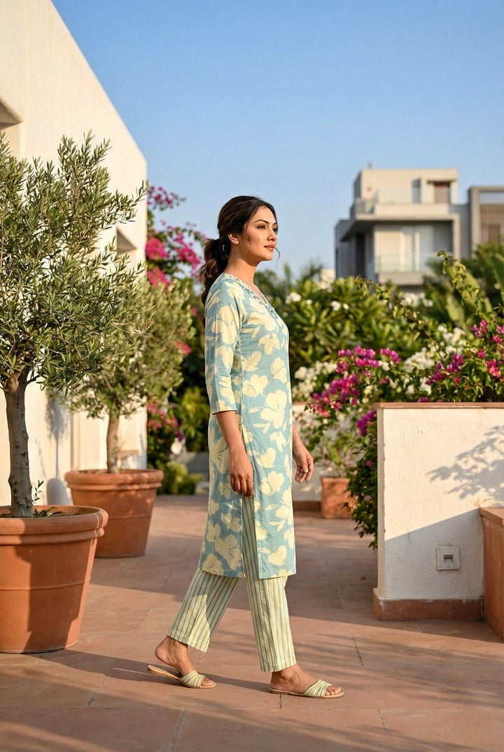 Neerus Blue cotton hand embroidered suit set - back view