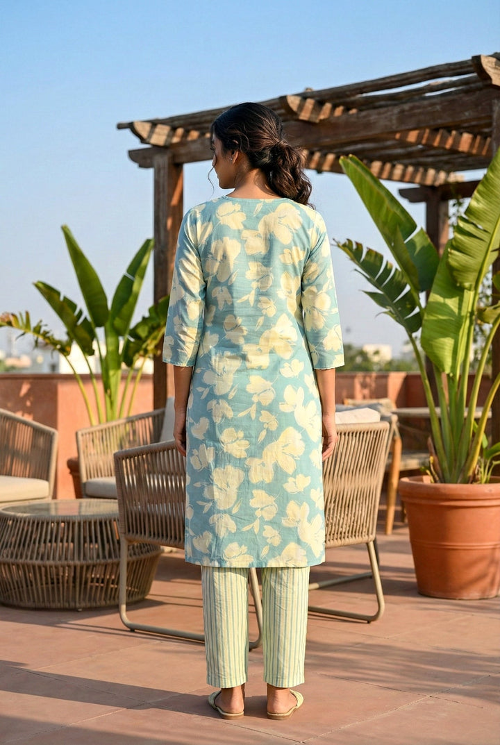 Neerus Blue cotton hand embroidered suit set - side view