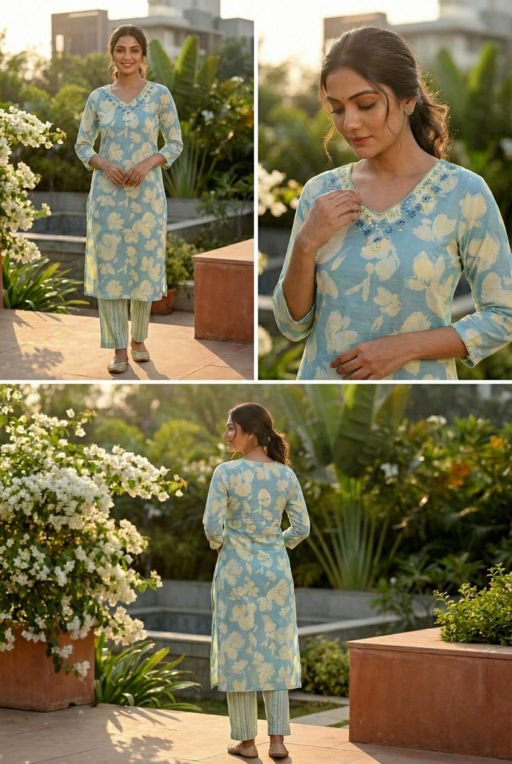 Neerus Blue cotton hand embroidered suit set - detail view 1