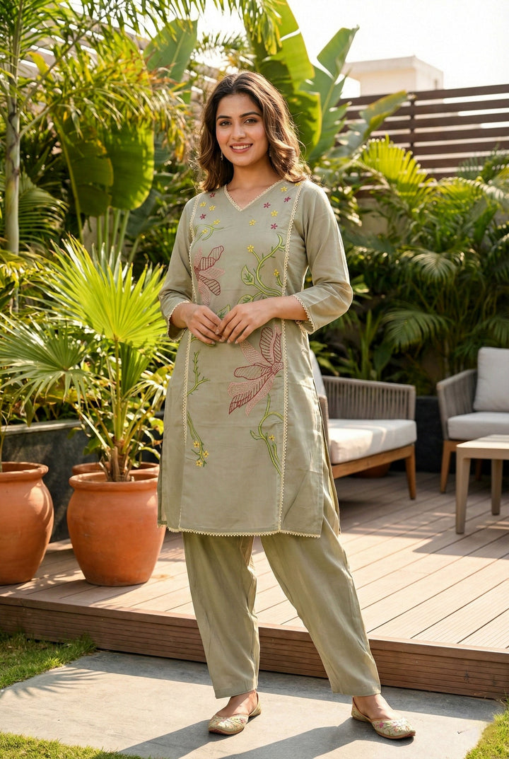 Neerus Grey muslin hand embroidered suit set - front view