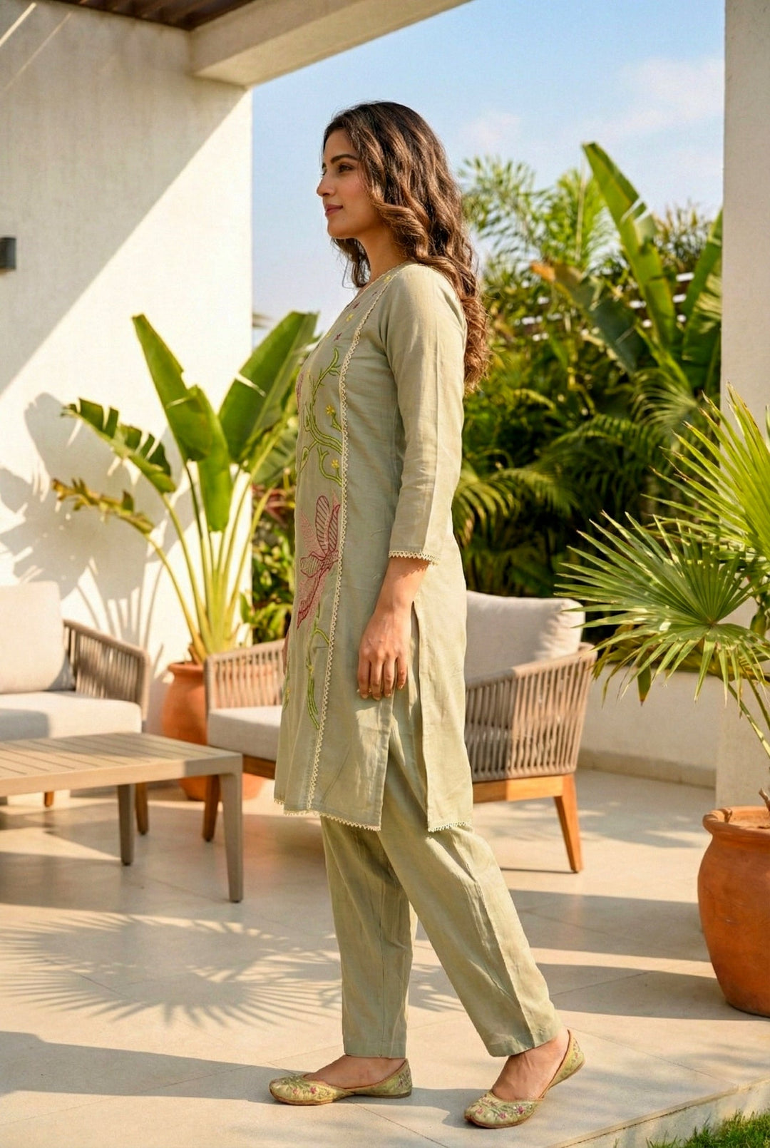 Neerus Grey muslin hand embroidered suit set - back view