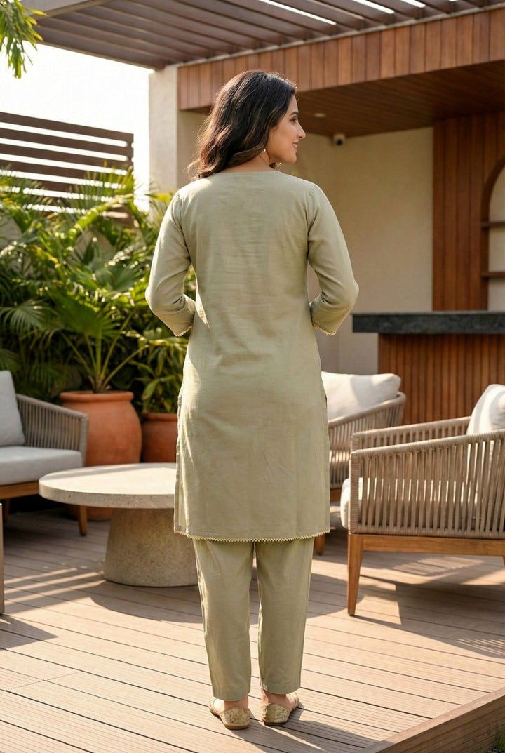 Neerus Grey muslin hand embroidered suit set - side view