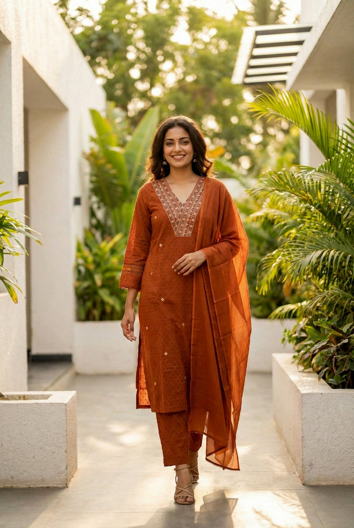 Neerus Orange cotton embellished suit set - front view