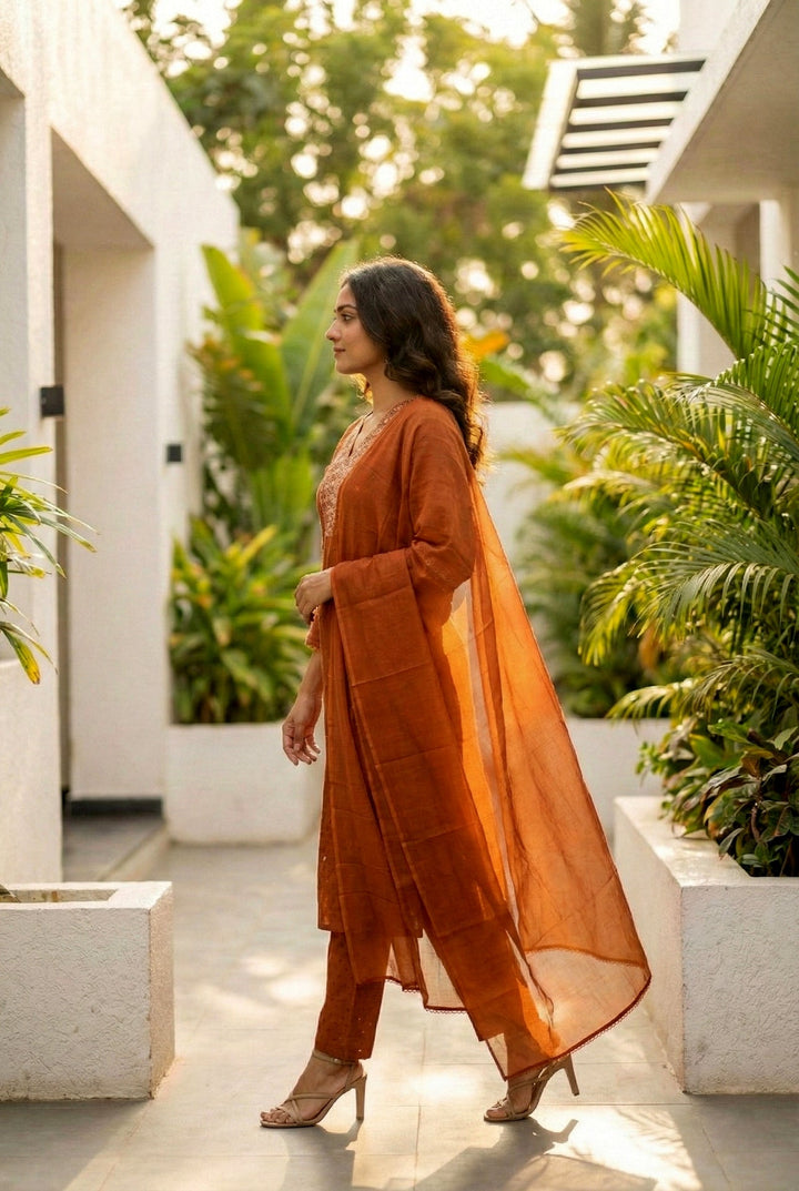 Neerus Orange cotton embellished suit set - back view