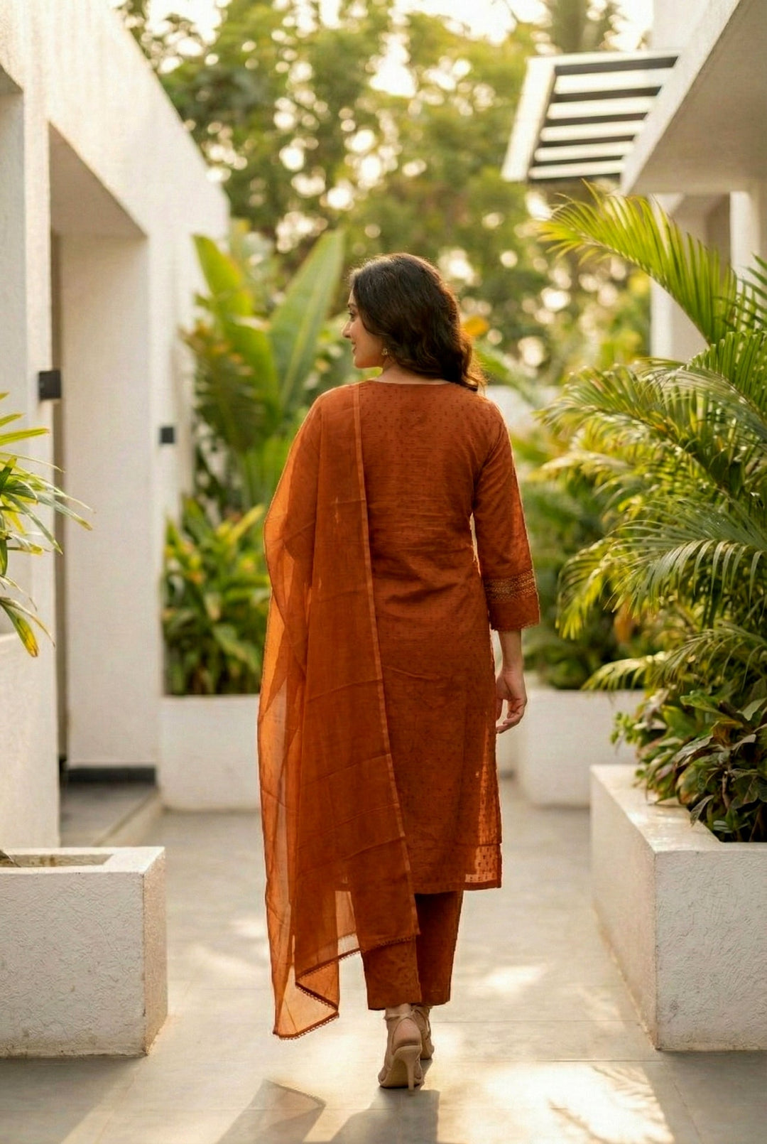 Neerus Orange cotton embellished suit set - side view