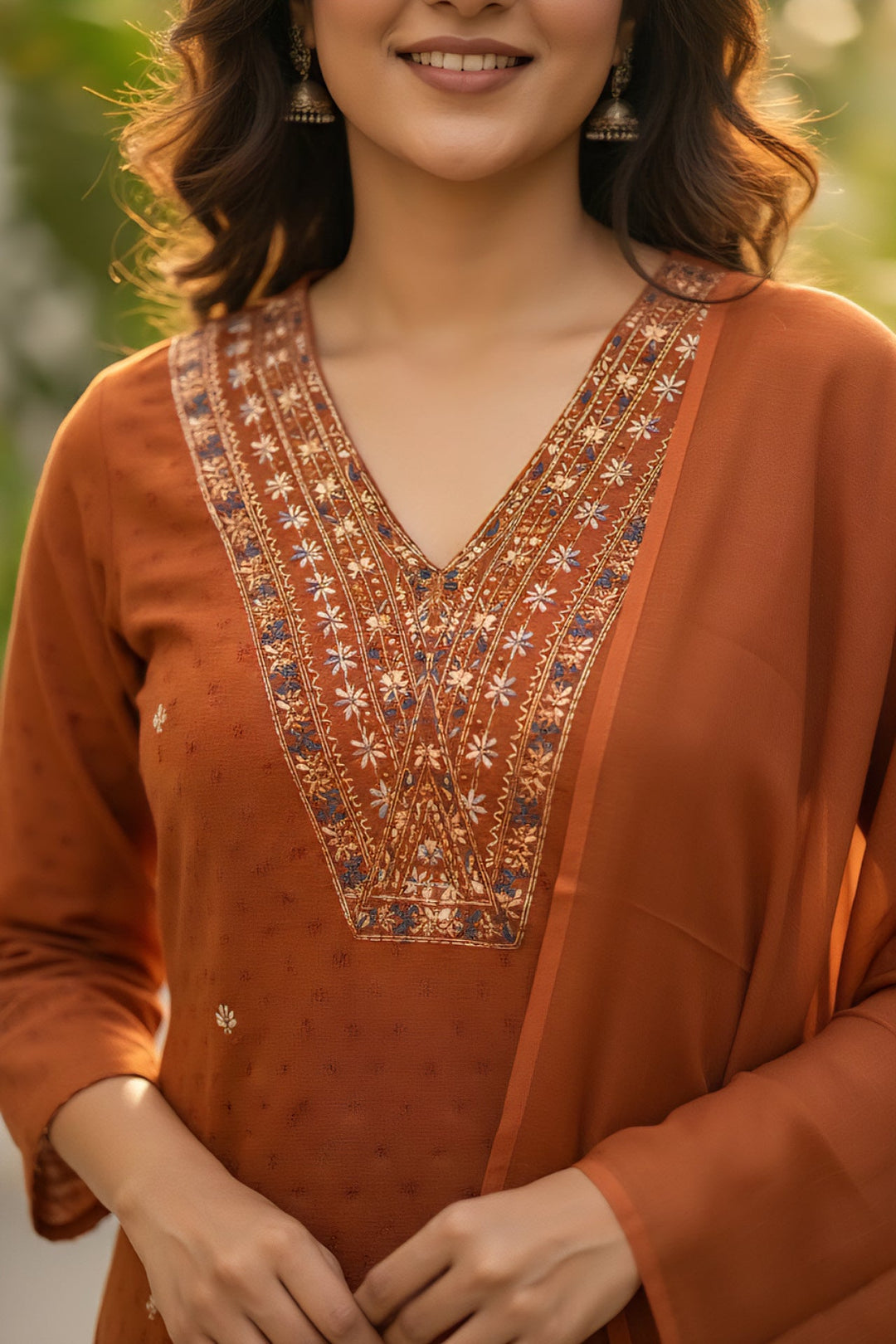 Neerus Orange cotton embellished suit set - detail view 1