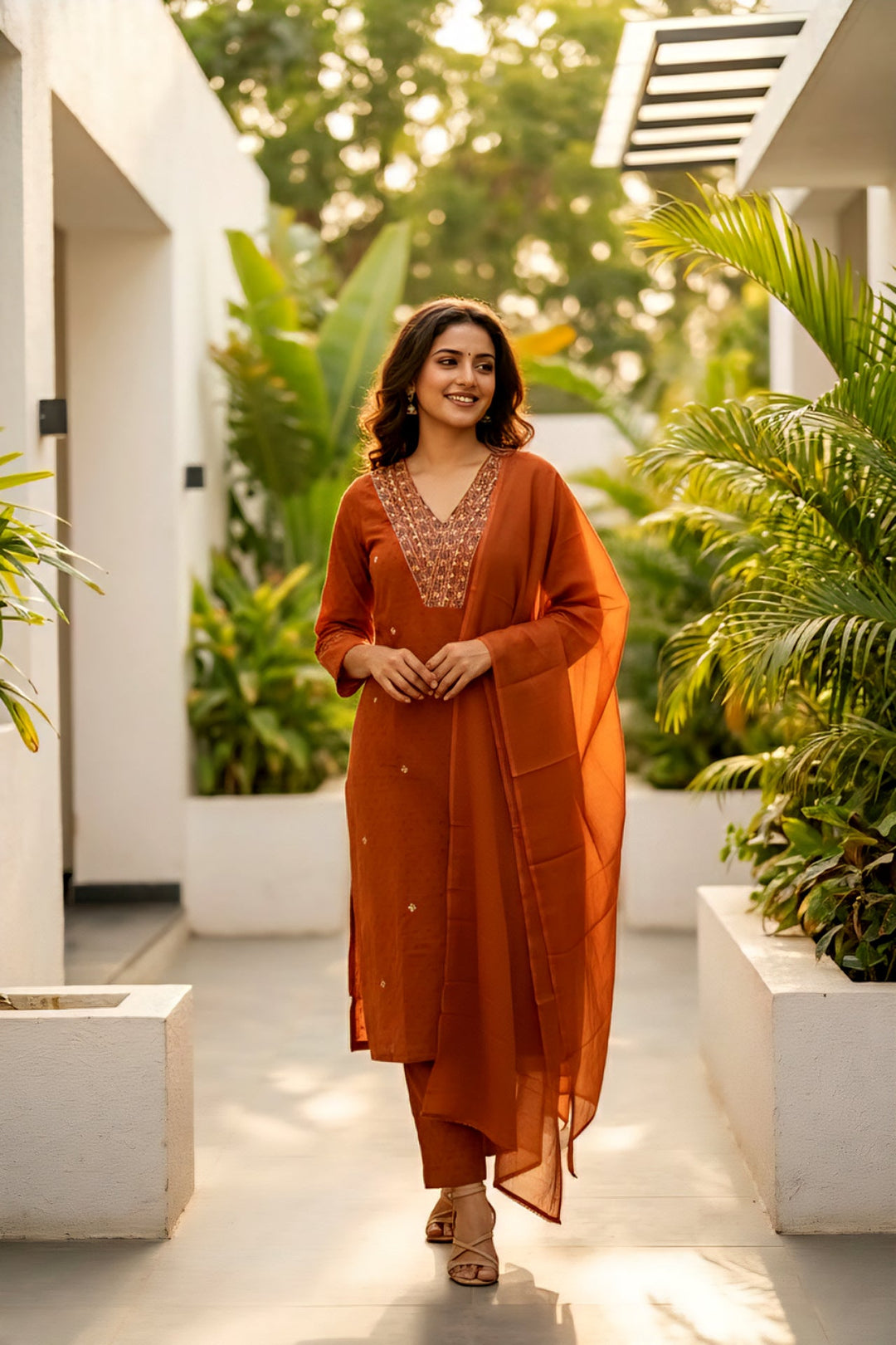 Neerus Orange cotton embellished suit set - detail view 2