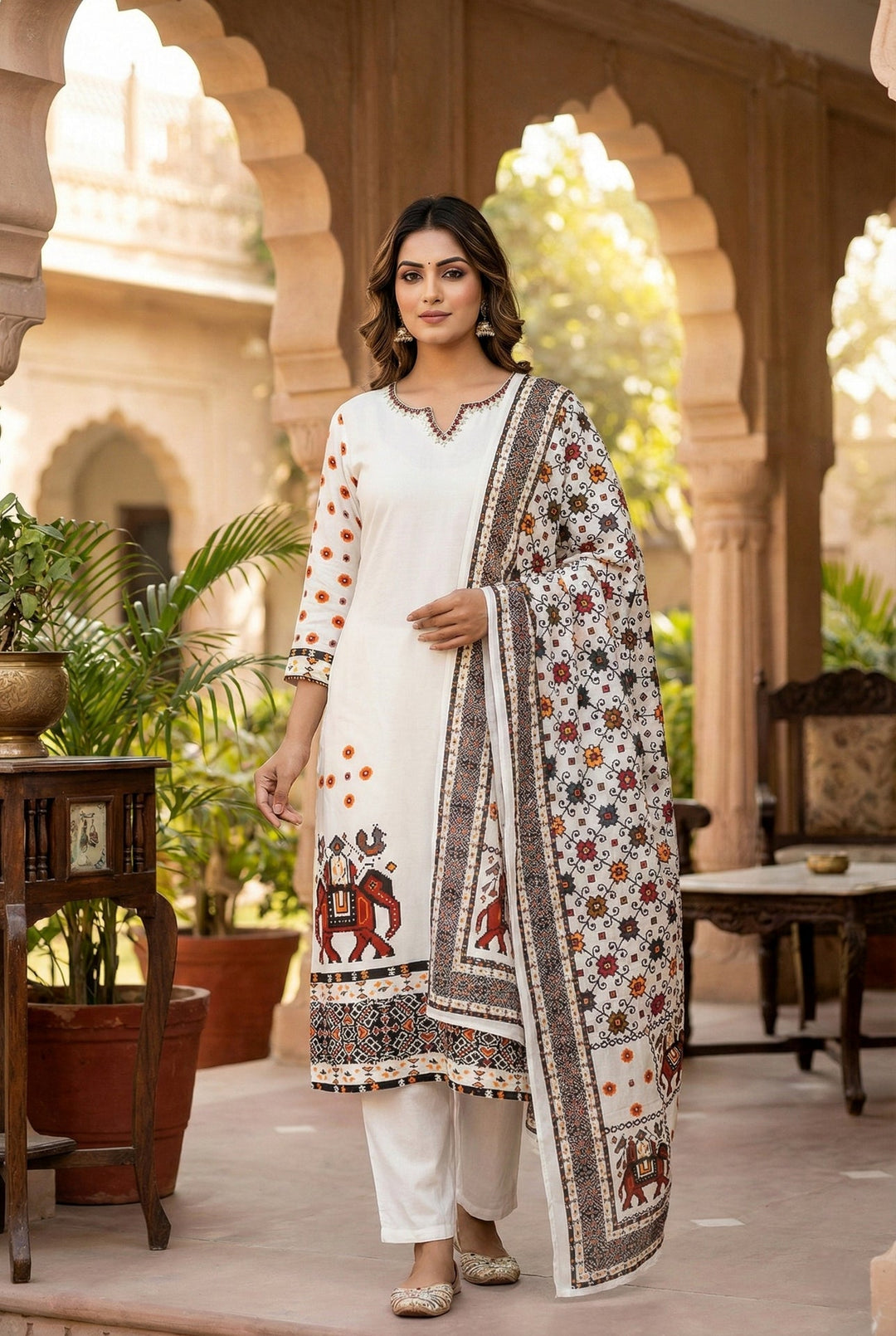 Neerus White silk hand embroidered suit set - front view