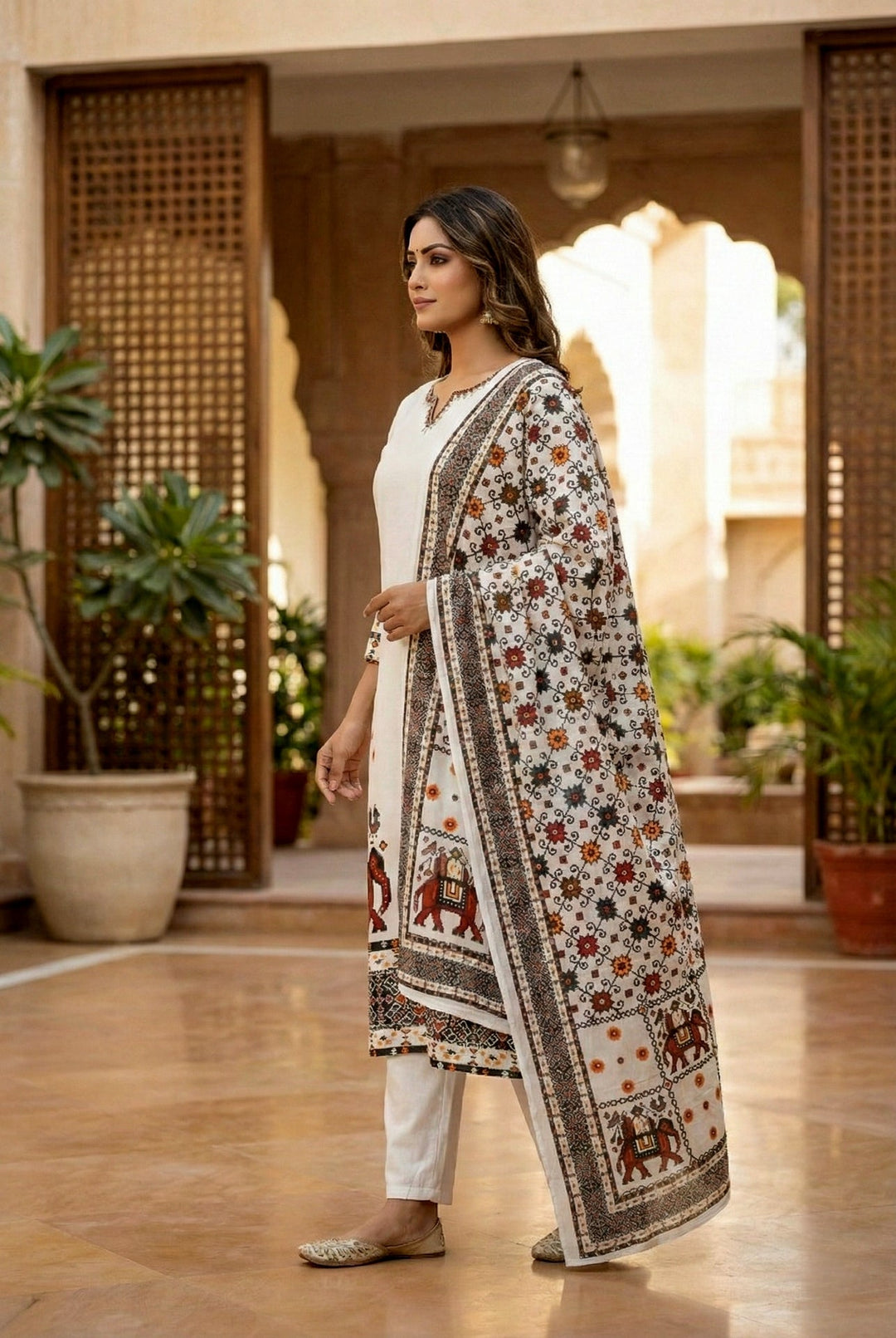 Neerus White silk hand embroidered suit set - back view