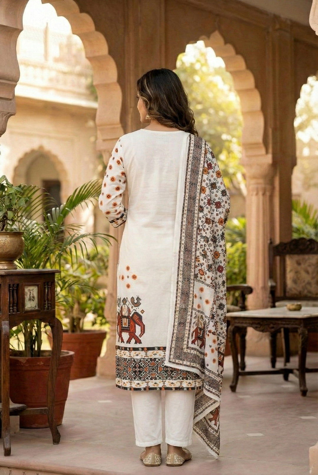 Neerus White silk hand embroidered suit set - side view