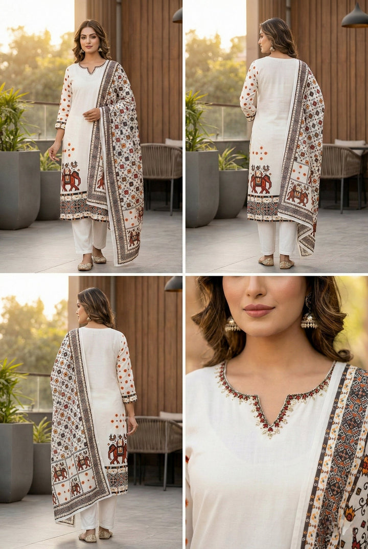 Neerus White silk hand embroidered suit set - detail view 1