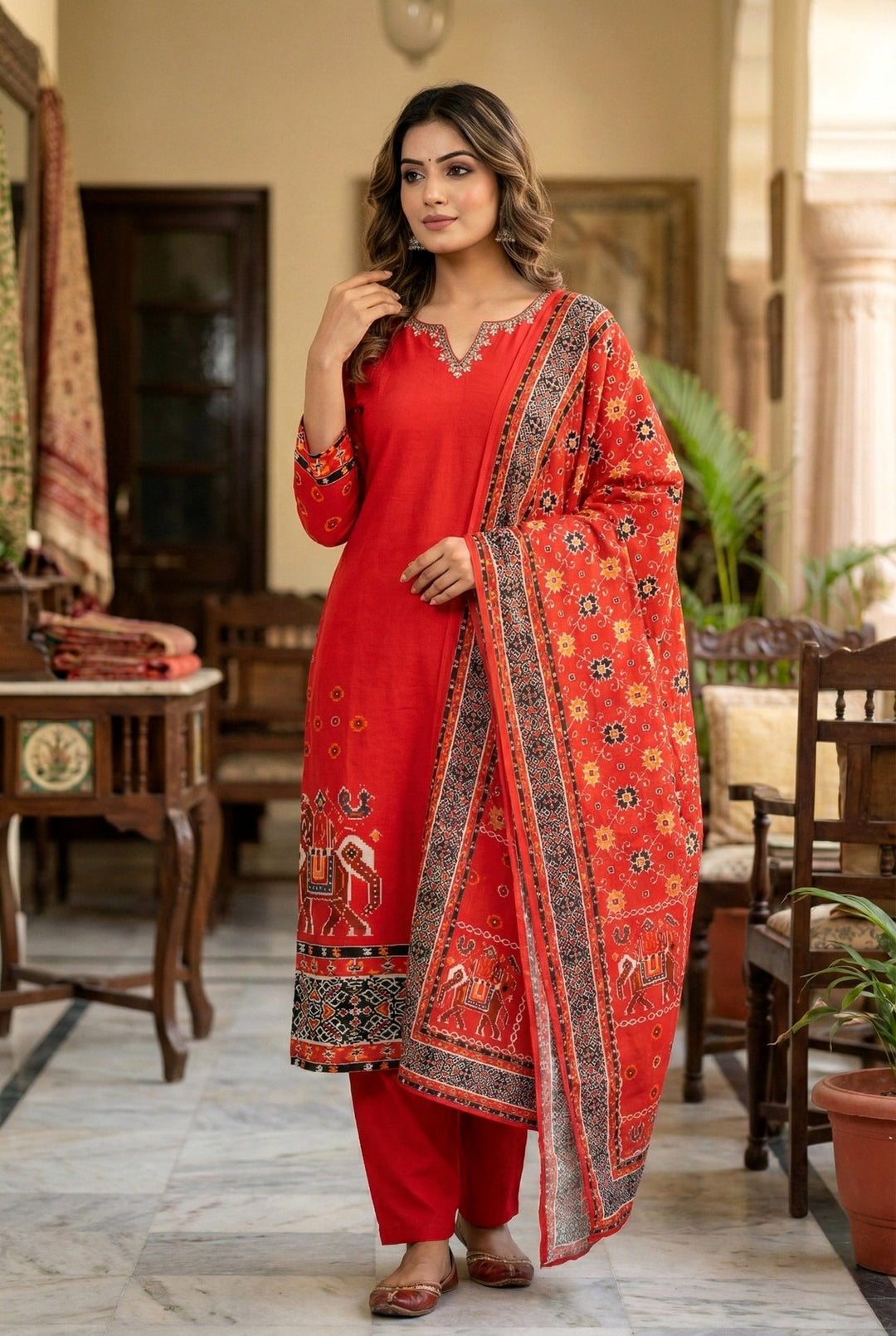 Neerus Red silk hand embroidered suit set - front view