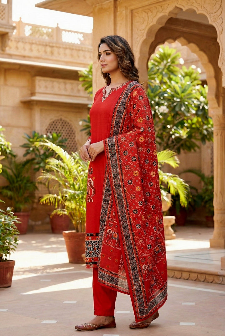 Neerus Red silk hand embroidered suit set - back view