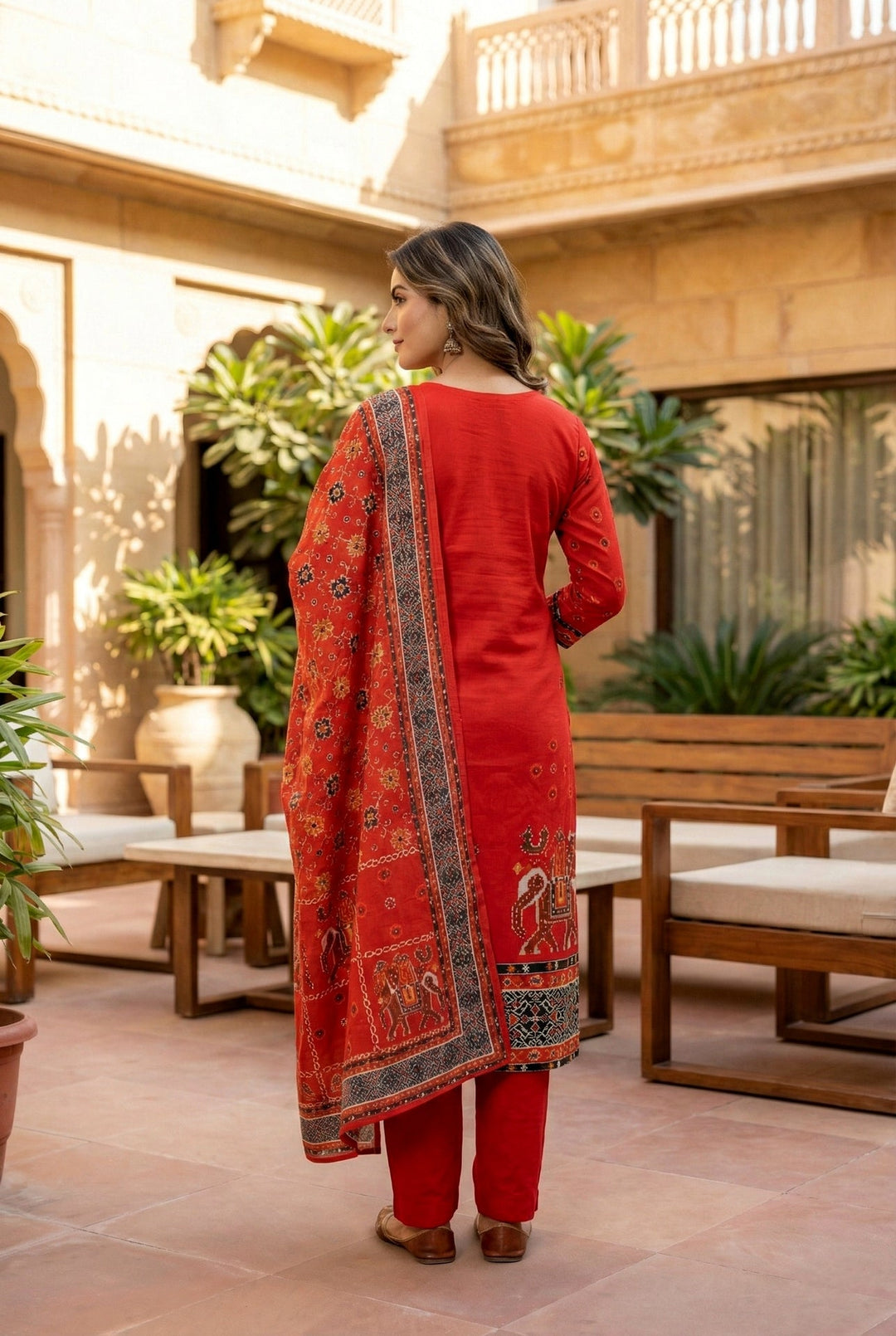 Neerus Red silk hand embroidered suit set - side view