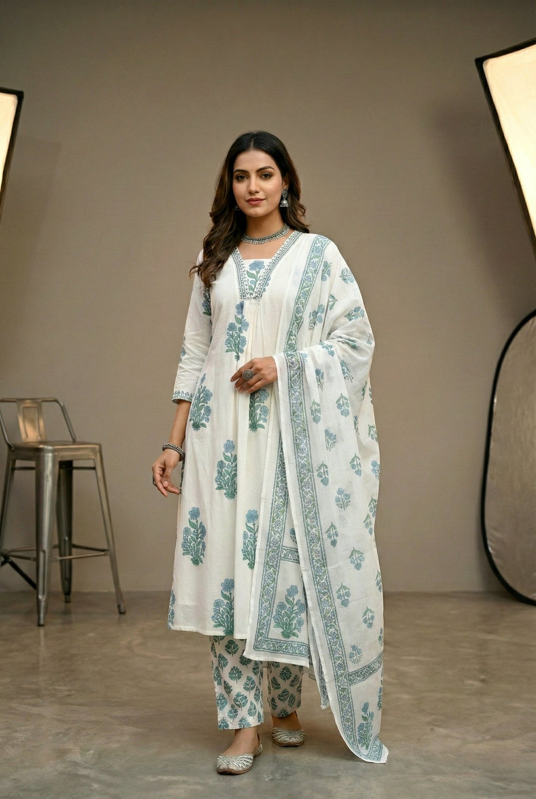 Neerus Blue cotton digital printed suit set - front view