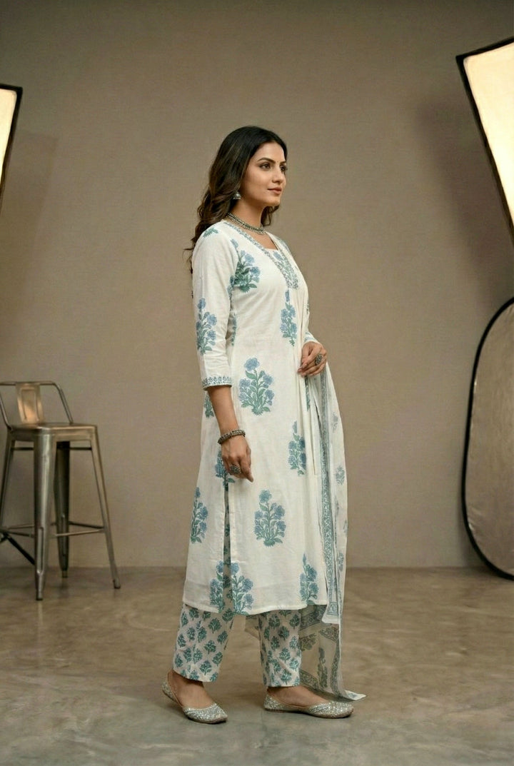 Neerus Blue cotton digital printed suit set - back view