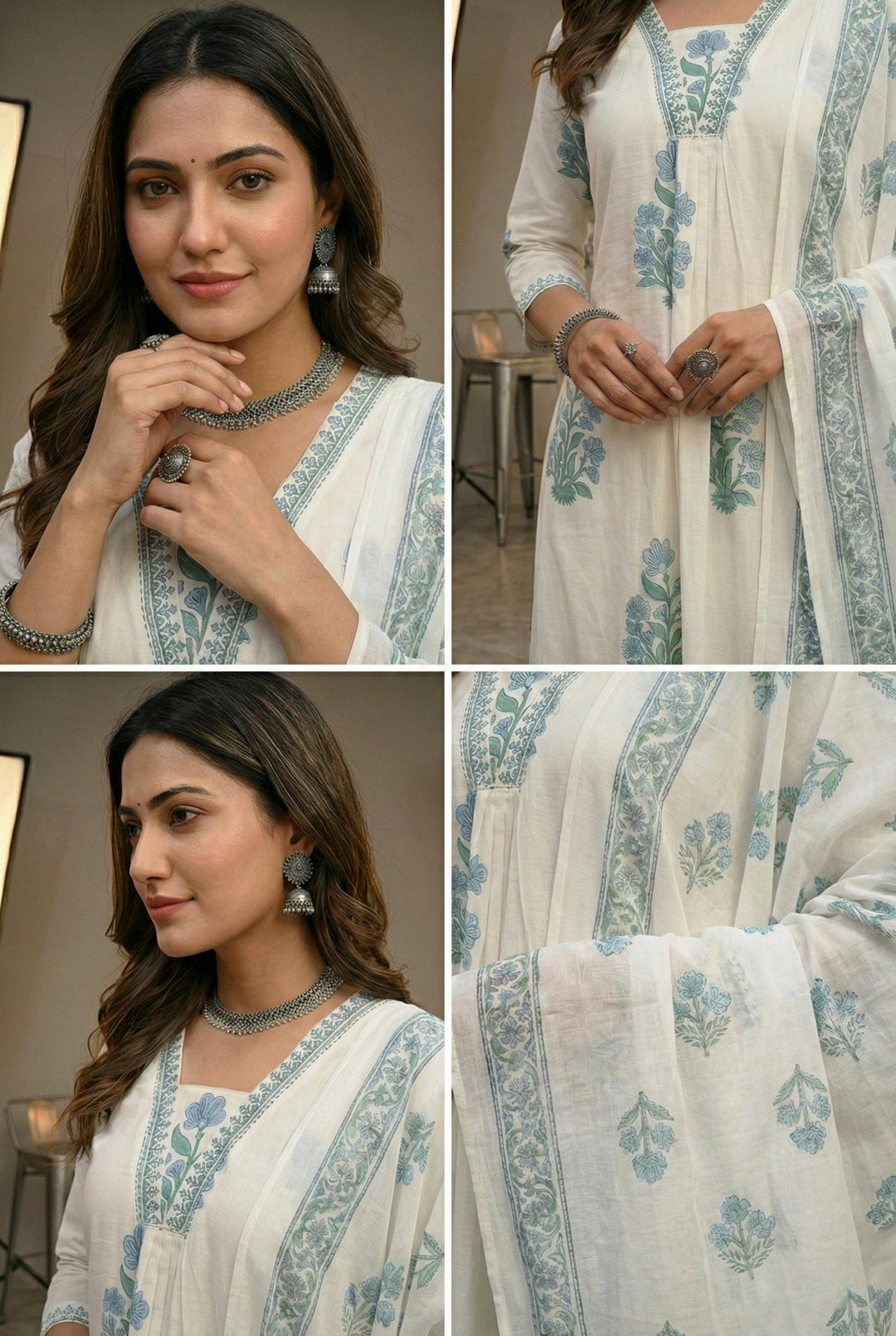 Neerus Blue cotton digital printed suit set - detail view 2
