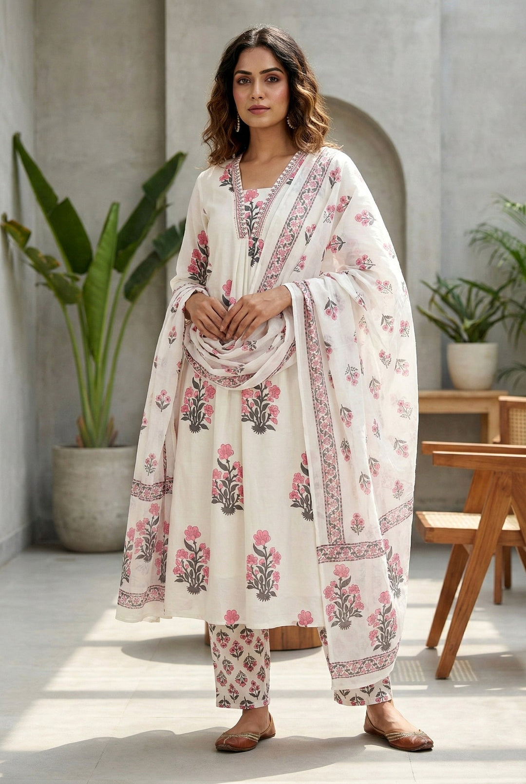 Neerus Pink cotton digital printed suit set - front view
