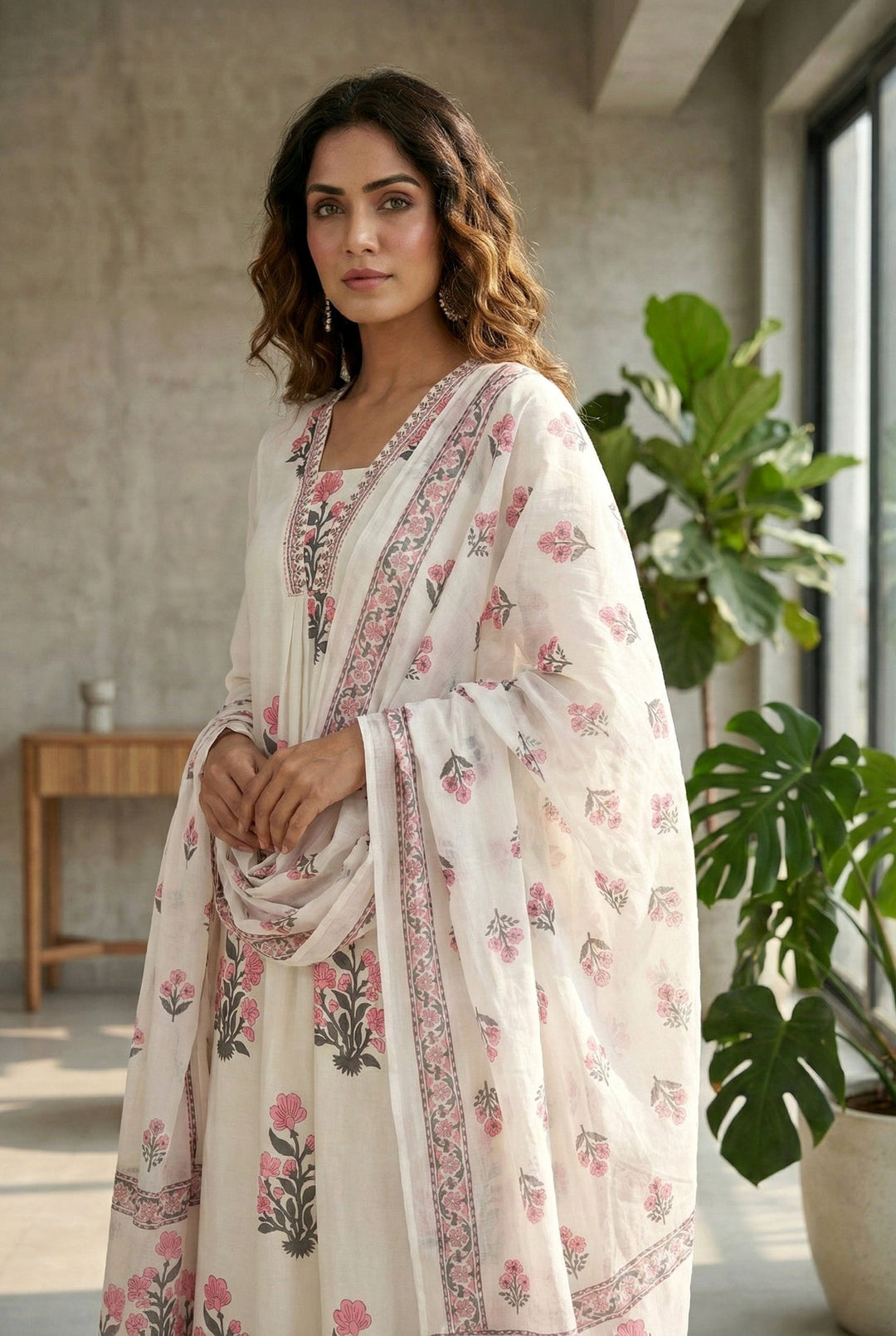 Neerus Pink cotton digital printed suit set - detail view 1