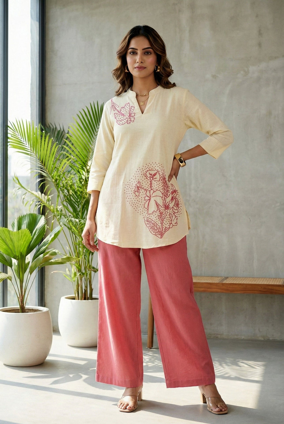 Neerus Pink cotton thread embroidered suit set - front view