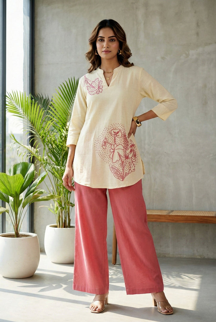 Neerus Pink cotton thread embroidered suit set - front view