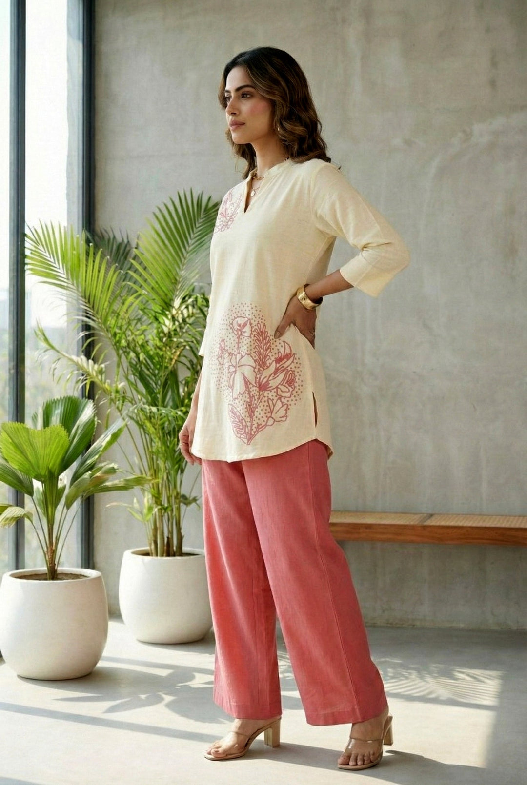 Neerus Pink cotton thread embroidered suit set - back view
